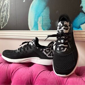 APL Women's Black Knit Sneakers with White Sole and Gray Leopard Accent
